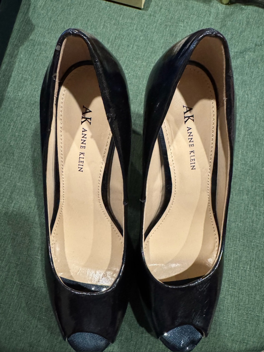 Anne Klein Navy Blue Patent Peep-Toe Heels